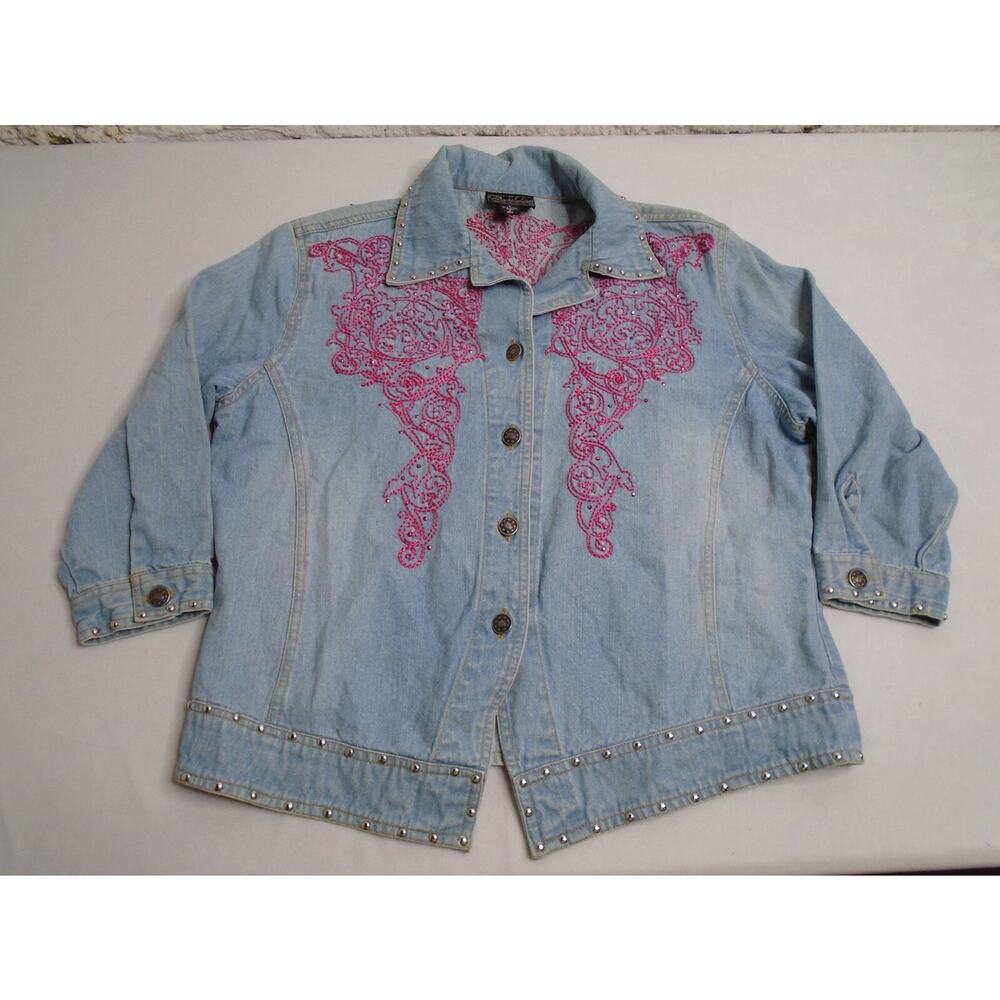 Cattlelac Ranch Women’s Denim Jacket L Studded Embroidered Rhinestones Blue